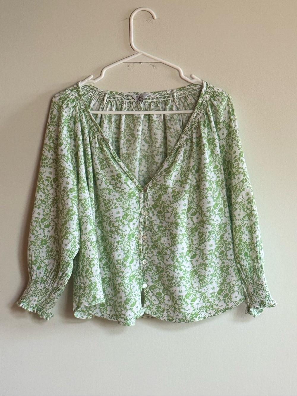 Rails Green Floral Linen Blouse Size M Lightweight Boho Peasant Top
